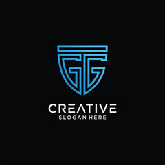 Creative style gg letter logo design template with shield shape icon