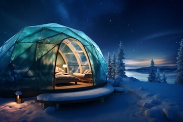 Generative AI Domed house with panoramic windows and a great view of night sky with stars. Camping in north in winter. The concept of outdoor recreation with comfortable living conditions glamping.
