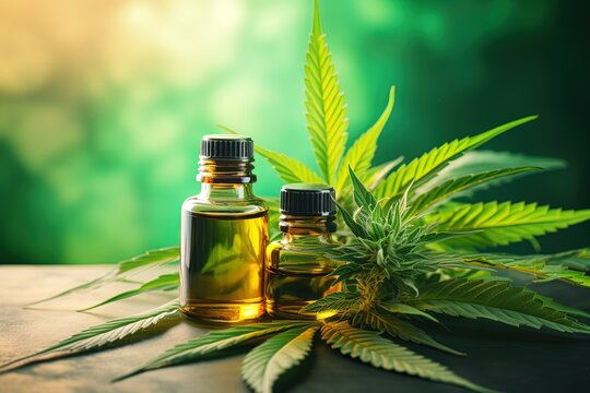 Two glass bottles of a cannabis oil among green marijuana leaves