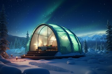 Generative AI Domed house with panoramic windows. Camping in winter. The concept of outdoor recreation with comfortable living conditions is glamping. View of the Northern Lights.
