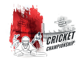 Cricket Championship Concept With Linear Style Cricketer Players And Red Brush Stroke Effect On White Stadium Background.
