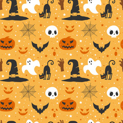 Halloween witch hat and pumpkins pattern background