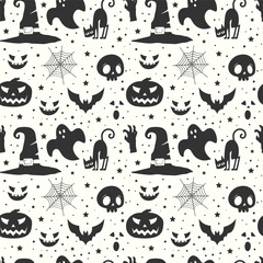 Black and white halloween pattern background with witch hat and halloween elements