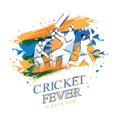 Vector Illustration Of Cricketer Players In Action Pose With Brush Stroke Effect On White Background For Cricket League.