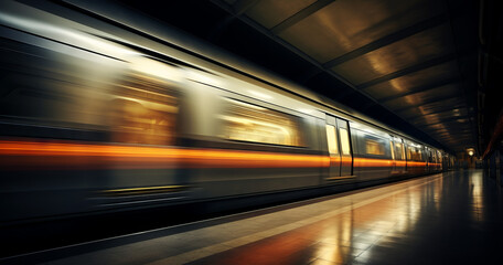 Subway underground tunnel with blurry rail tracks in metro gallery, concept of public transport