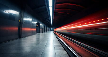 Passing underground train to the tunnel on the subway platform, motion blur - obrazy, fototapety, plakaty