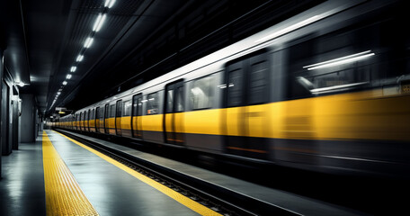 Fototapeta premium Passing underground train to the tunnel on the subway platform, motion blur