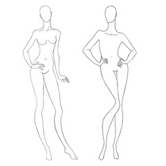 Fashion template for technical drawing. Vector outline girl model template for sketching and fashion illustration.