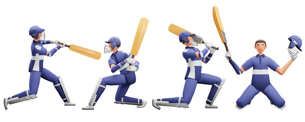 3D Illustration Of Batsman Player Collection In Different Poses.