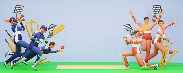 Cricket Players Of Participating Teams On Playground In 3D Style.