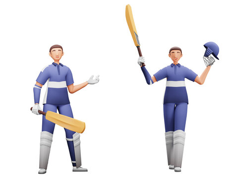 3D Render Of Batsman Players In Two Poses On White Background.