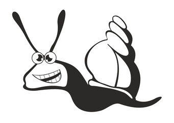 Cute funny snail.
Crawling cartoon oyster. Black and white illustration
