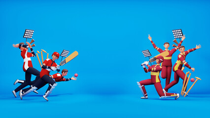 Fototapeta premium 3D Rendering Of Cricket Match Between England VS West Indies With Players Character And Tournament Equipments.