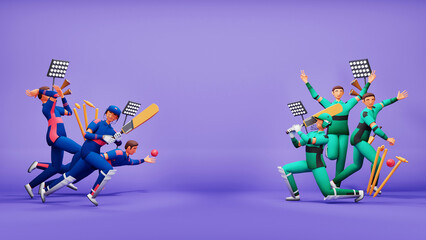 3D Participating Cricket Team Of Namibia VS Ireland With Tournament Equipments And Copy Space On Purple Background.