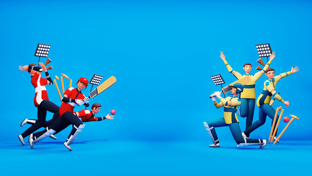 3D Participating Cricket Players Team Of England VS South Africa With Tournament Equipments And Copy Space On Blue Background.