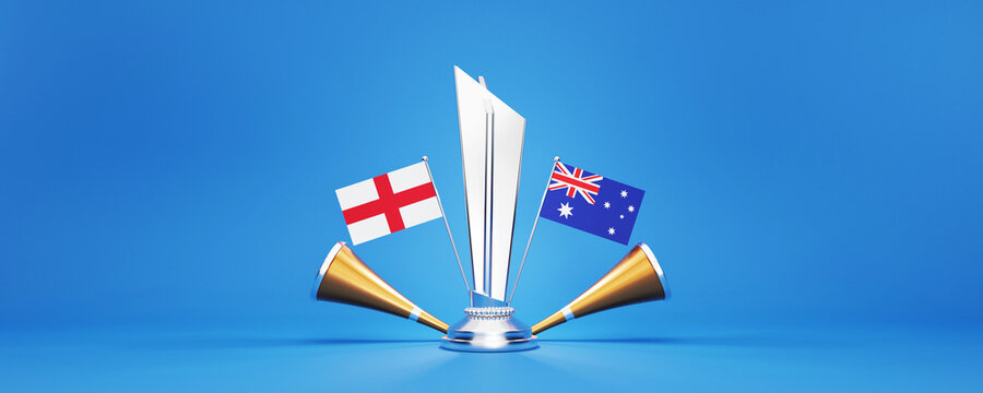 3D Silver Winning Trophy With Participating Countries Flags Of England VS Australia And Golden Vuvuzela.