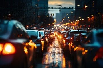 Rear view of rush hour traffic jam on a rainy evening city avenue - obrazy, fototapety, plakaty