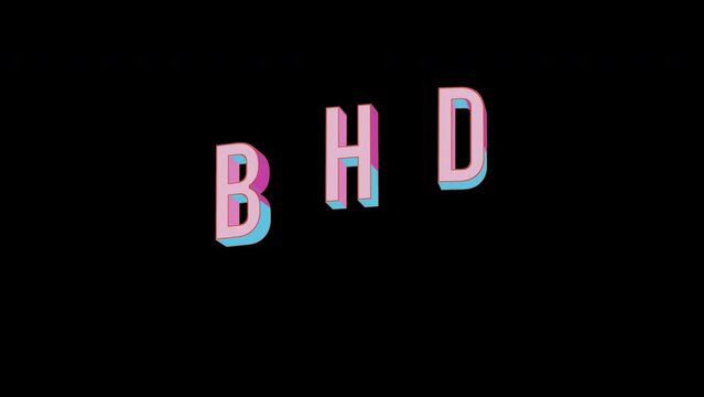 Bright letters jump merrily in the inscription BHD ISO code currency. Retro. Alpha channel black. Looped from frame 120 to 240, Alpha BW at the end