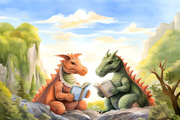 Watercolor illustration of two dinosaur friends reading a book - obrazy, fototapety, plakaty