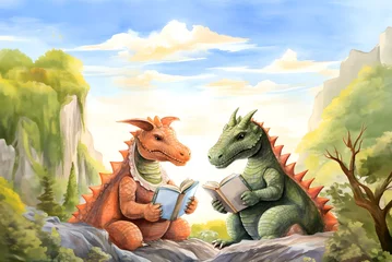 Gordijnen Watercolor illustration of two dinosaur friends reading a book © Adrienne