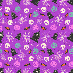 Happy halloween or party invitation background with halloween pattern. pattern with spiderwebs and tombstons