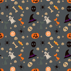 Halloween seamless pattern background illustration with pumpkins halloween candy and witch hat