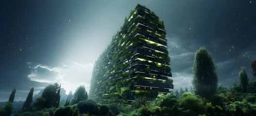 Fensteraufkleber Green futuristic skyscraper, environment and architecture concepts © Lucky Ai