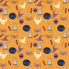 Halloween pattern illustration with ghost halloween cany and spiders