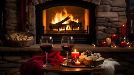wine at a christmas fireplace