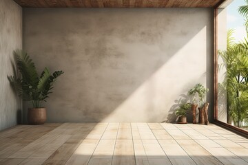 Large empty interior of a concrete room with a plant in the corner and a large window through which sunlight enters inside