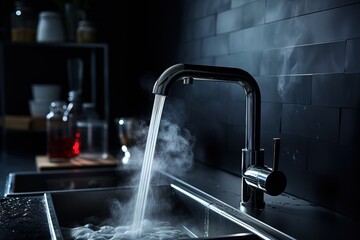 View of a modern kitchen faucet from which a stream of hot water flows - obrazy, fototapety, plakaty
