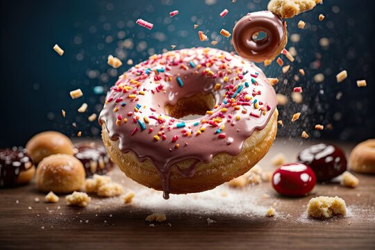 Appetizing Colorful Creamy Tasty Donut with Bursting Ingredients and Rich Texture, AI Generated Image