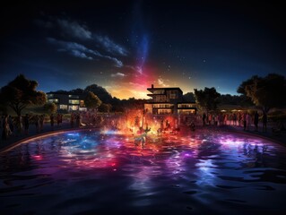 Tropical night club with palm trees. 3D rendering. Muisc band playing in the water. 