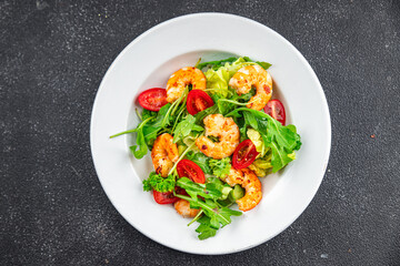 shrimp salad fresh arugula seafood shrimps meal food snack on the table copy space food background rustic top view 