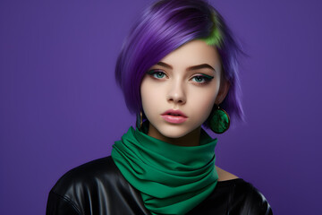 Colorful studio portrait of a cool teenager girl with age specific outfit and accessories. Bold, vibrant and minimalist. Generative AI