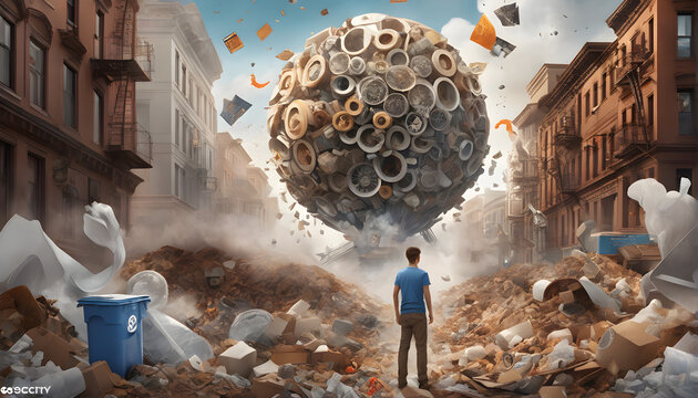 Man in front of a vortex of various broken objects trash dirty smoke pollution in vortex in the city, environment concept, generative ai