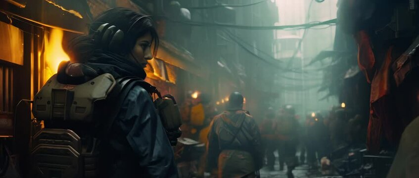 Portrait of sci-fi female soldier in futuristic amour standing in apocalyptic scene of destroyed after war city with debris, smoke and fire. Anamorphic 4k footage