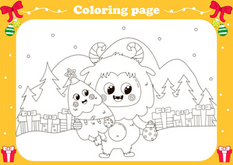 Cute coloring page with kawaii Yeti or Bigfoot holding christmas tree and ornament ball,