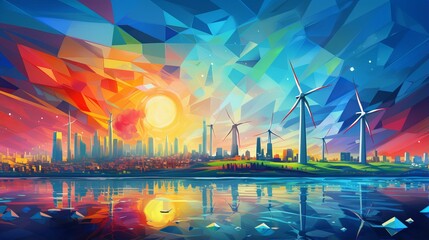 vibrant abstract geometric art: renewable energy sources, solar panels, wind turbines, hydroelectricity, and futuristic cityscape in modern design

