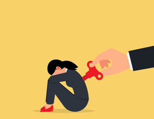 Exhausted employee recharged. power up or wind up to stimulate or motivate fatigue person concept