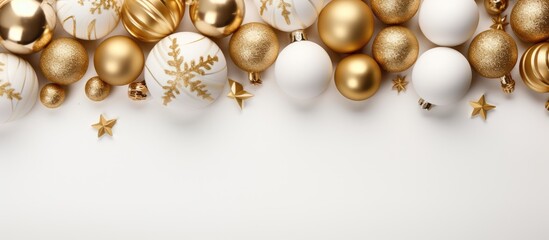 Top view of white and golden Christmas decorations arranged on a white background in a frame - Powered by Adobe