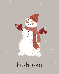 Christmas illustration with snowman and "ho-ho-ho" lettering for card or poster
