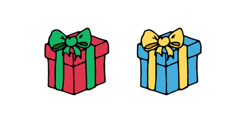 Christmas and birthday colored solid gift cardboard square boxes with bows. Vector doodle cartoon illustration for cards, web design, flyers, invitations