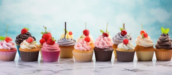 Assorted vibrant cupcakes with various decorations in a bakery