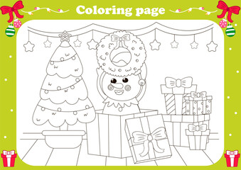 Cute coloring page with kawaii snowman sitting in gift box and holding Christmas wreath