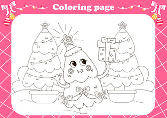 Cute coloring page with kawaii Christmas tree holding large gift box