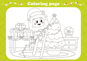 Cute coloring page with kawaii Yeti or Bigfoot decorating Christmas tree with garland