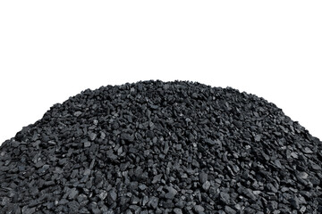 Large pile of black coal from a mine, isolated on a white background. Solid fuel. Energy industry.