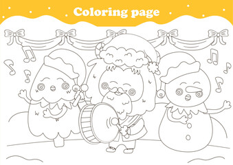 Cute coloring page with kawaii Christmas characters singing carols and playing drum