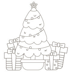 Cute coloring page with kawaii Christmas tree and gift boxes